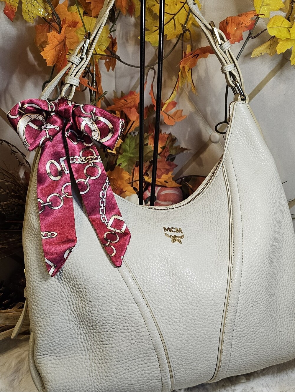 MCM Women's Cream Leather Hobo Bag with Accent Scarf